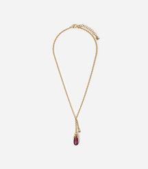 Collier doré avec pendentif en forme de goutte, orné d'une perle transparente rose.